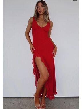 White Fox Boutique Red V-Neck High-Low Ruffle Maxi Dress